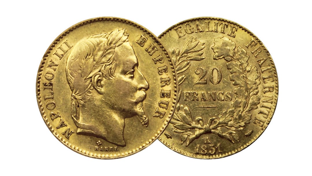 Pièce de 20 francs or Napoléon III, avers et revers visibles sur fond blanc