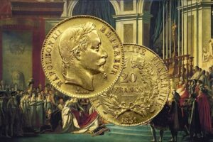 Pièce de 20 francs or Napoléon III superposée au tableau du sacre de Napoléon peint par David